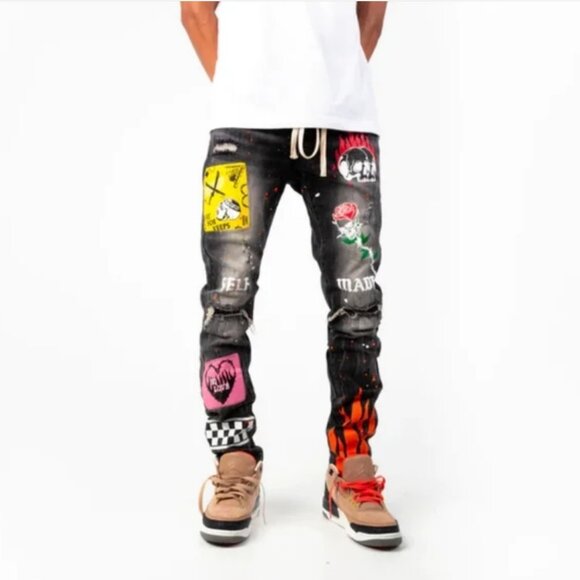 THRT Streetwear Graphic Paint Splatter Skinny Distressed Y2K Denim Jeans(30) - Picture 2 of 12